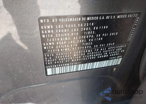 2022 Volkswagen Tiguan 2.0T Se z USA, uszkodzony, nr VIN 3VV2B7AX0NM161011